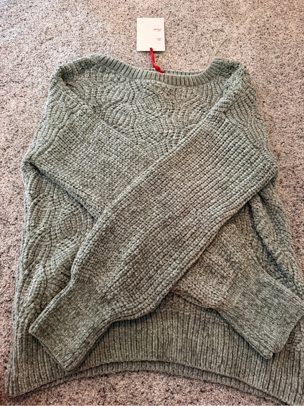 Pink Rose Chunky Cable Knit Crewneck Sweater in Sage Green